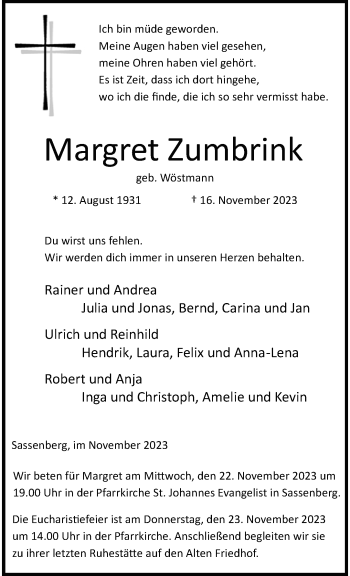 Anzeige von Margret Zumbrink 