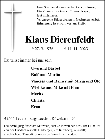 Anzeige von Klaus Dierenfeldt 