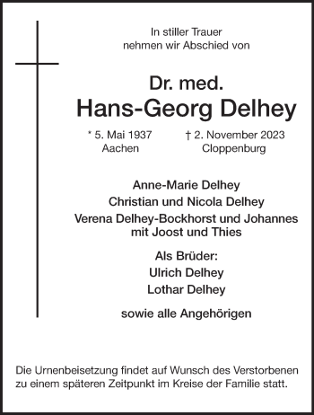 Anzeige von Dr. med. Hans-Georg Delhey 