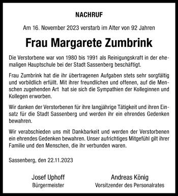 Anzeige von Margarete Zumbrink 