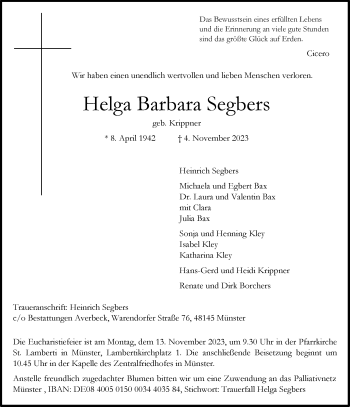 Anzeige von Helga Barbara Segbers 