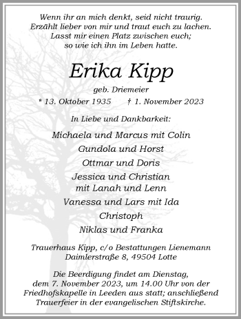 Anzeige von Erika Kipp 