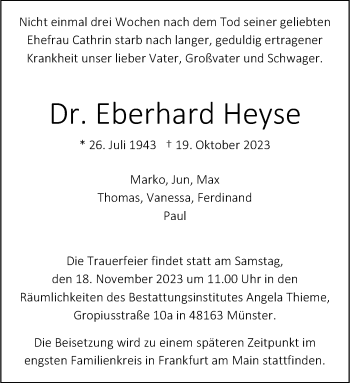 Anzeige von Dr. Eberhard Heyse 