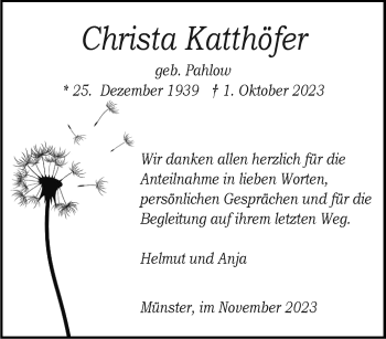 Anzeige von Christa Katthöfer 