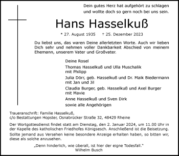 Anzeige von Hans Hasselkuß 