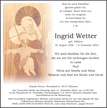 Anzeige von Ingrid Wetter 