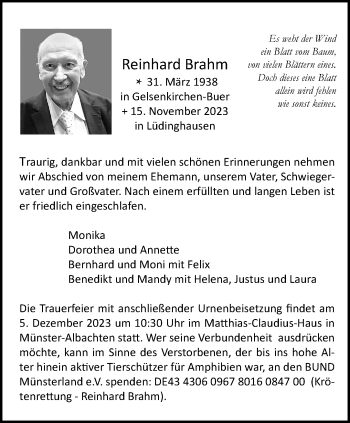 Anzeige von Reinhard Brahm 