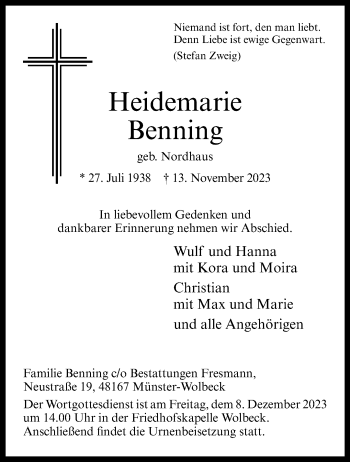 Anzeige von Heidemarie Benning 