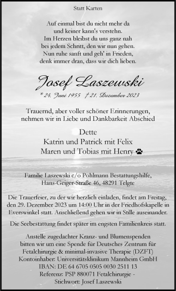 Anzeige von Josef Laszewski 