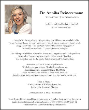 Anzeige von Dr. Annika Reinersmann 