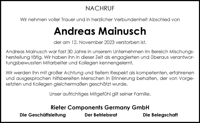  Traueranzeige für Andreas Mainusch vom 18.11.2023 aus 