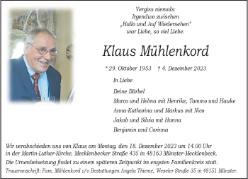 Anzeige von Klaus Mühlenkord 