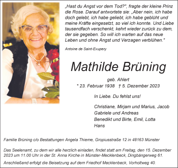 Anzeige von Mathilde Brüning 