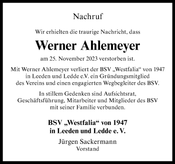 Anzeige von Werner Ahlemeyer 