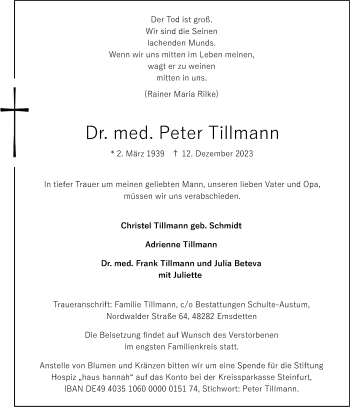 Anzeige von Dr. med. Peter Tillmann 