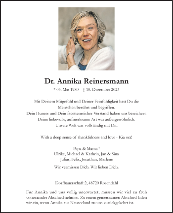 Anzeige von Dr. Annika Reinersmann 