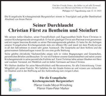 Anzeige von Christian Fürst zu Bentheim und Steinfurt 