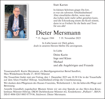 Anzeige von Dieter Mersmann 