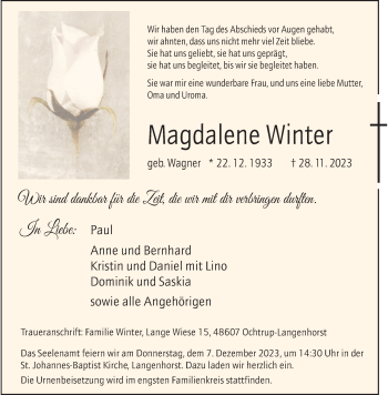 Anzeige von Magdalene Winter 