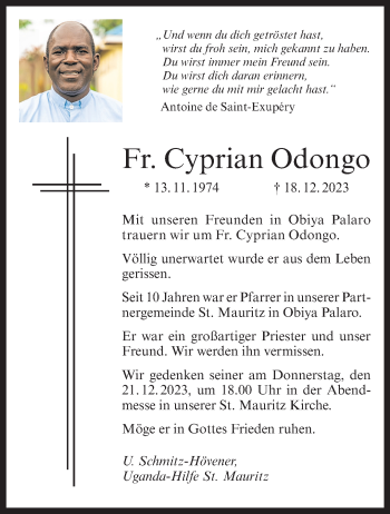 Anzeige von Fr. Cyprian Odongo 