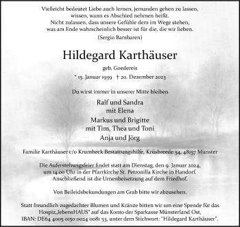 Anzeige von Hildegard Karthäuser 