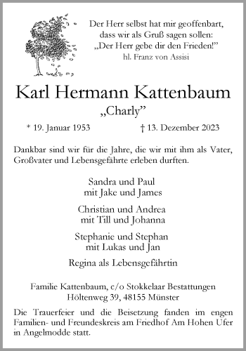 Anzeige von Karl Hermann Kattenbaum 