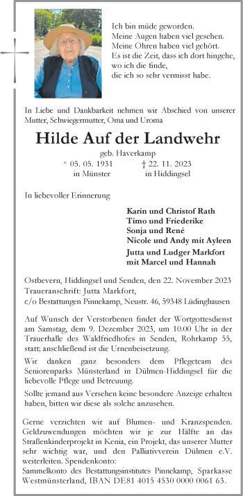 Anzeige von Hilde Auf der Landwehr 