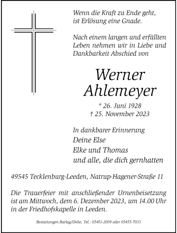 Anzeige von Werner Ahlemeyer 