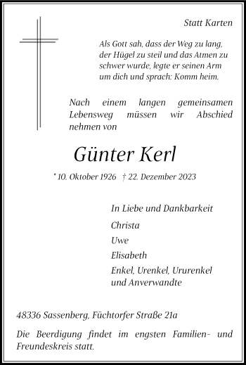 Anzeige von Günter Kerl 