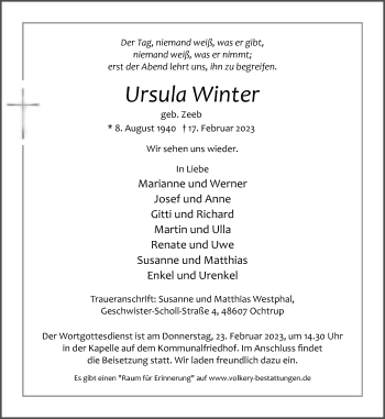 Anzeige von Ursula Winter 