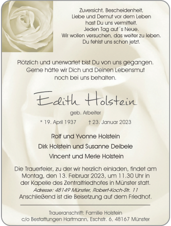 Anzeige von Edith Holstein 