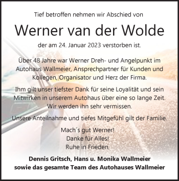 Anzeige von Werner van der Wolde 