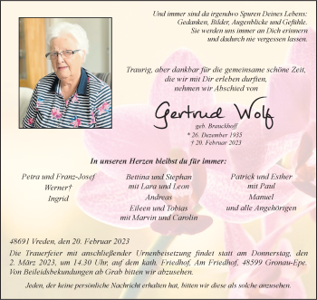 Anzeige von Gertrud Wolf 