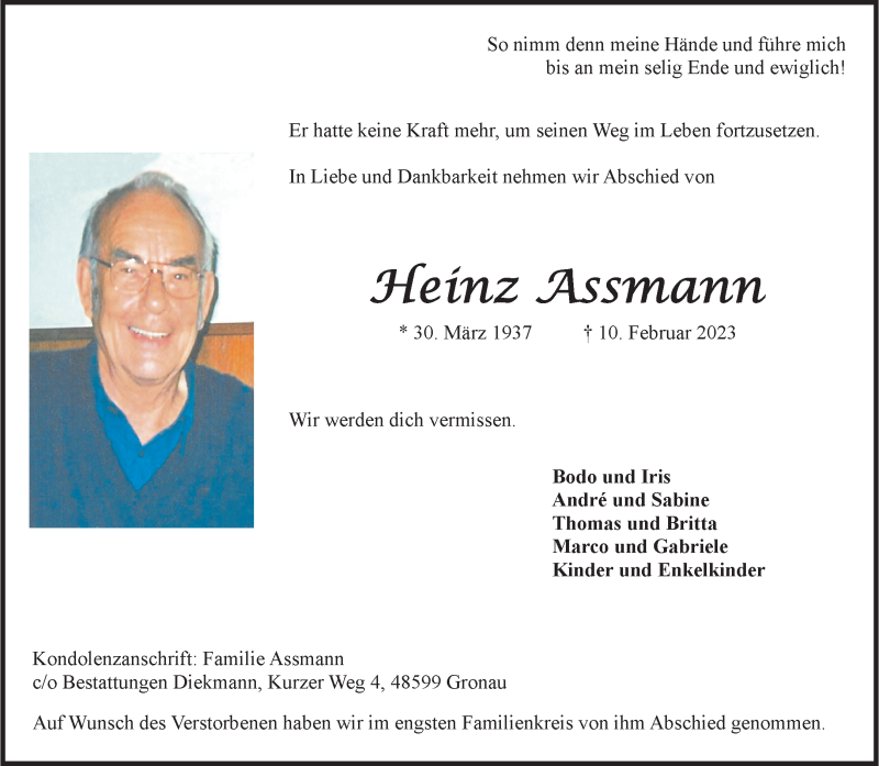  Traueranzeige für Heinz Assmann vom 18.02.2023 aus 