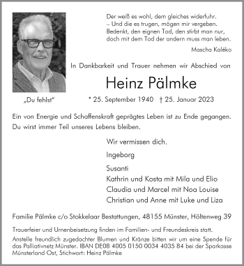 Anzeige von Heinz Pälmke 