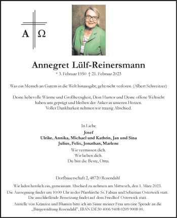 Anzeige von Annegret Lülf-Reinersmann 