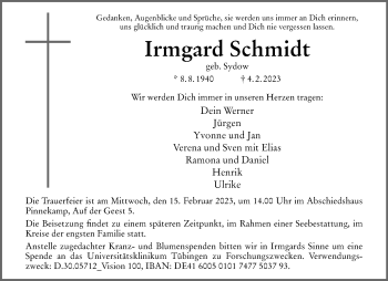 Anzeige von Irmgard Schmidt 