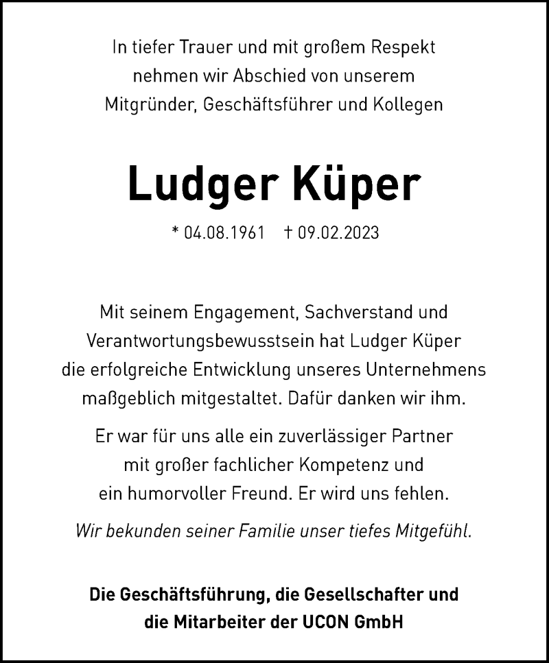 Traueranzeigen von Ludger Küper trauer ms