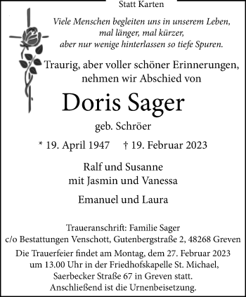 Anzeige von Doris Sager 