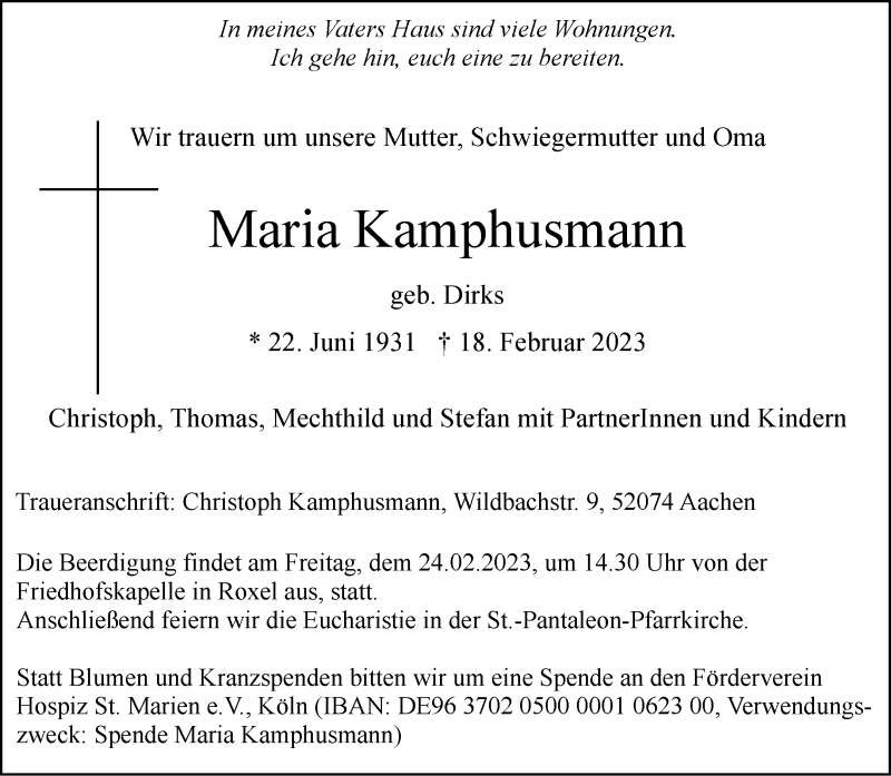  Traueranzeige für Maria Kamphusmann vom 22.02.2023 aus 