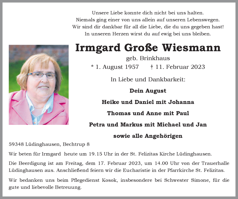 Traueranzeigen von Irmgard Gro e Wiesmann www.trauer.ms