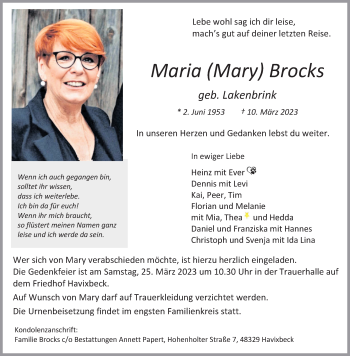 Anzeige von Maria (Mary) Brocks 