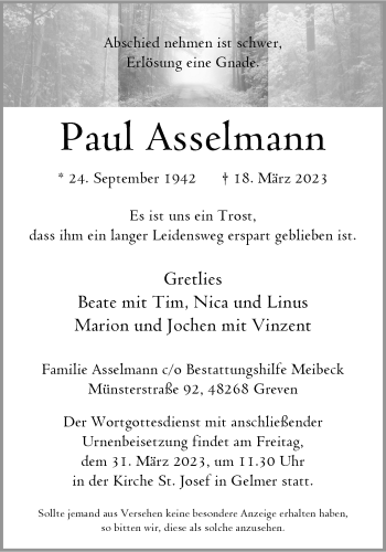 Anzeige von Paul Asselmann 