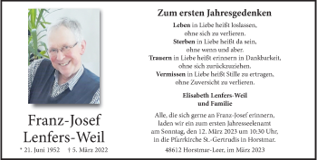 Anzeige von Franz-Josef Lenfers-Weil 