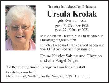 Anzeige von Ursula Krolak 