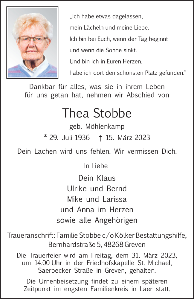 Traueranzeigen von Thea Stobbe | www.trauer.ms