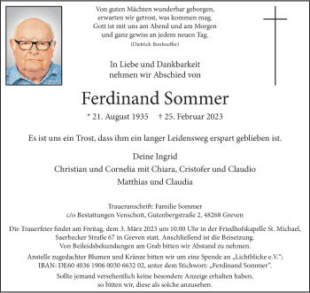 Anzeige von Ferdinand Sommer 