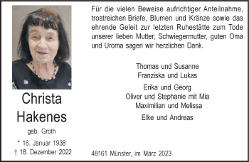 Anzeige von Christa Hakenes 