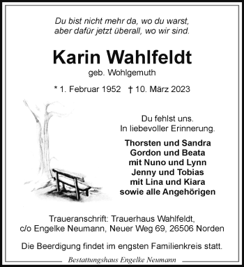 Anzeige von Karin Wahlfeldt 