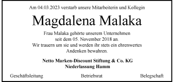 Anzeige von Magdalena Malaka 